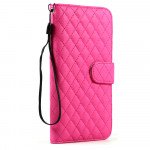 Wholesale iPhone 6 Plus 5.5 Quilted Flip PU Leather Wallet Case with Strap (Hot Pink)